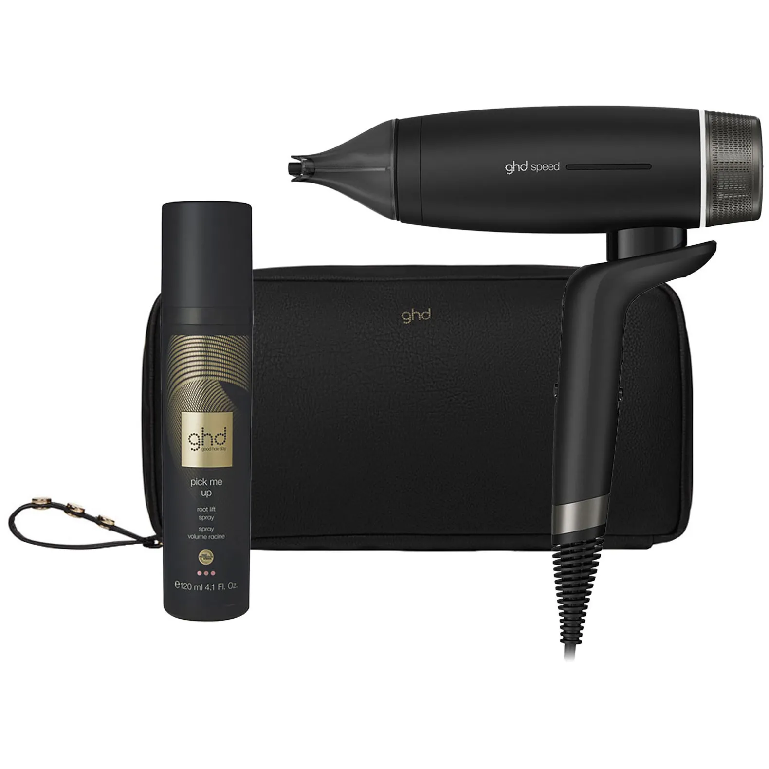 Sèche cheveux Speed avec trousse et spray volume noir mat